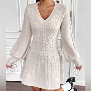 Cable Knit Lantern Long Sleeve Sweater Dress, Women, Beige, Size XS